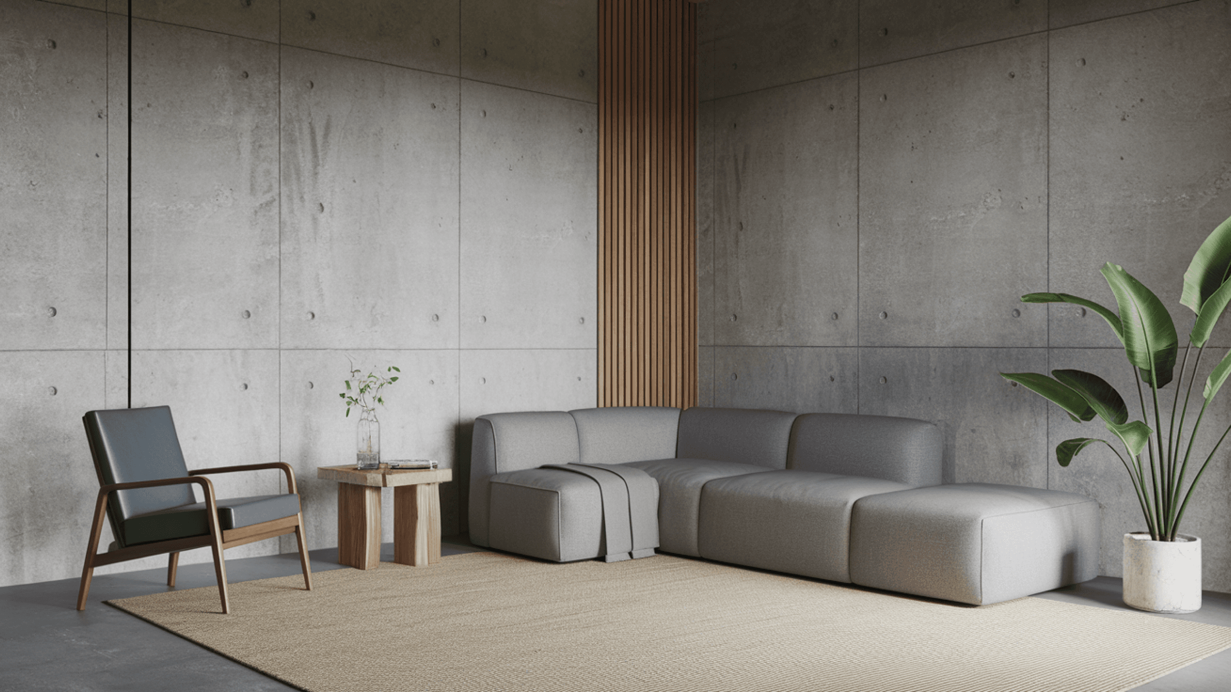 Living room with black armchair and dark gray sofa
